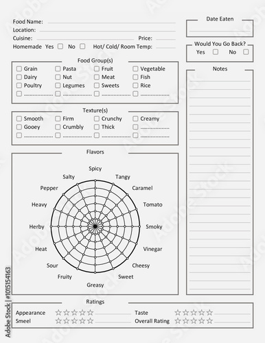 Food Review Sheet - Food Rating Sheet - Food Tasting Printable Paper