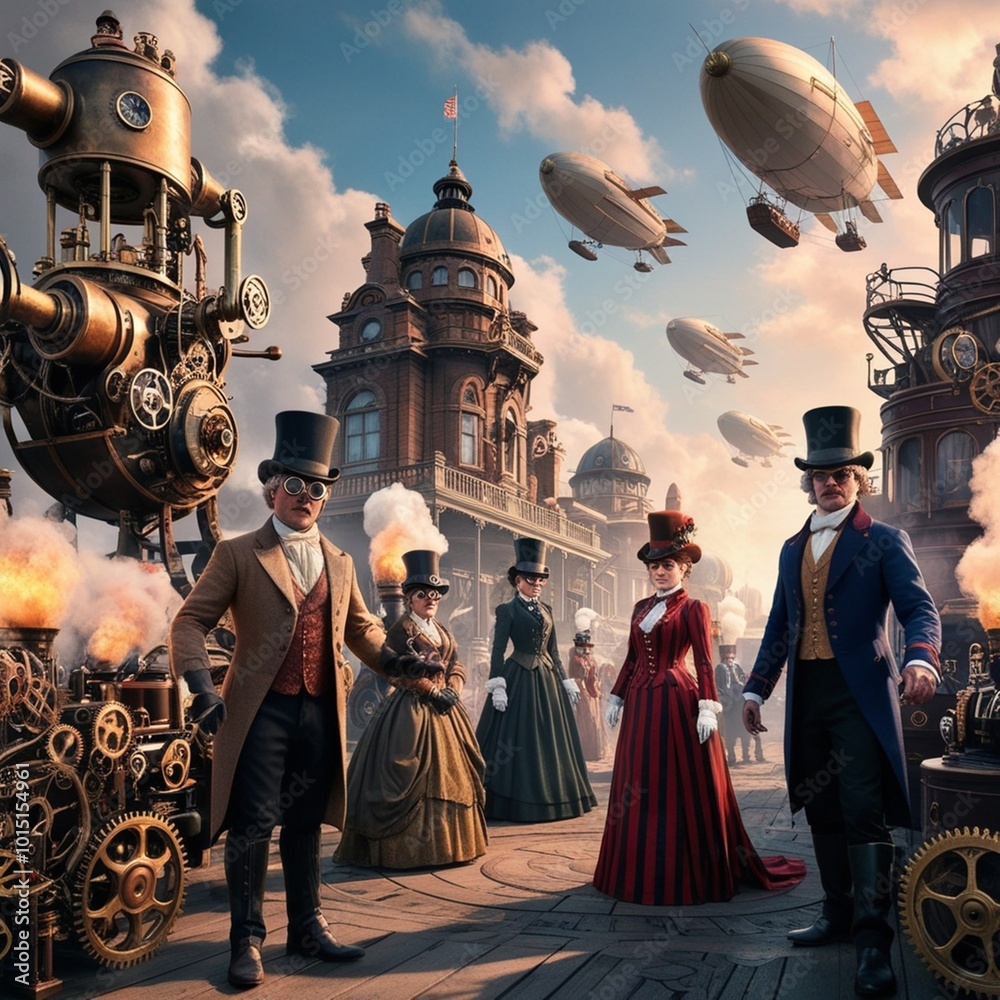 Fototapeta premium Surreal Steampunk Adventure in the Whimsical Skies with Fantastical Airships