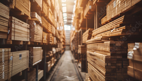 Stacks of timber planks in a warehouse, representing timber building supplies