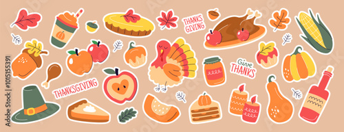 Holiday sticker set of happy thanksgiving day. Vector doodle autumn elements with roast turkey, fall leaves, ear of corn, acorns, pumpkin, pilgrim hat, pie, wine and candles. Harvest festival icons.