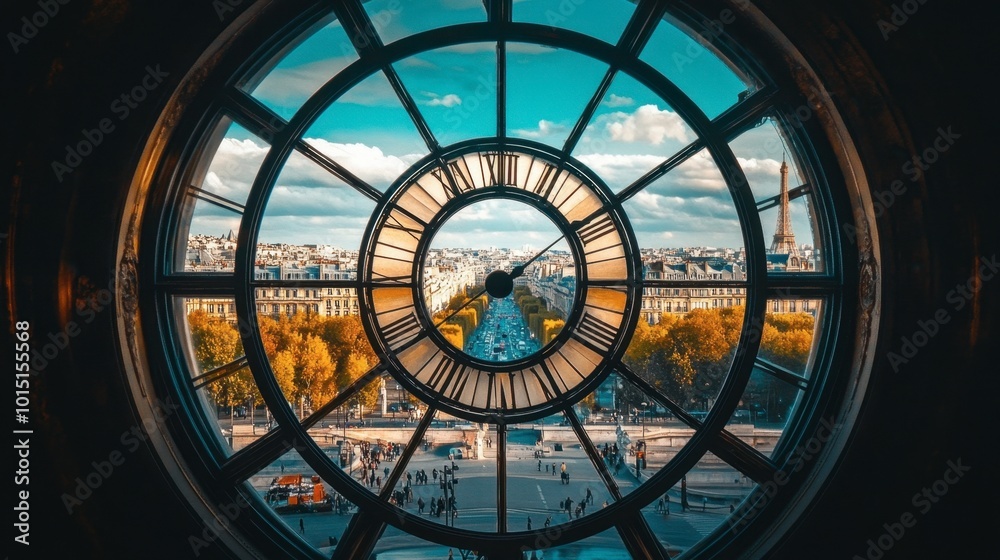The iconic clock window of the Muse d'Orsay, offering a panoramic view of Paris, including the Montmartre hill. The iconic clock window of the Muse d'Orsay, offering a panoramic view of Paris, including the Montmartre hill.