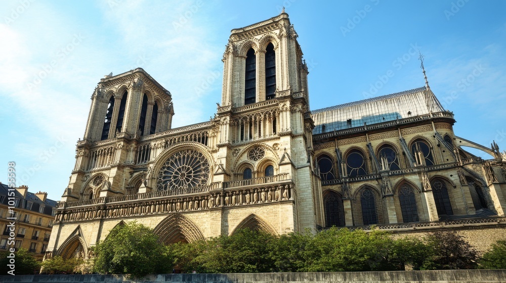 Obraz premium The iconic facade of the Notre-Dame Cathedral, showcasing its Gothic architecture and towering spires on a bright day.