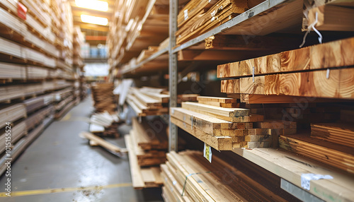 Stacks of timber planks in a warehouse, representing timber building supplies