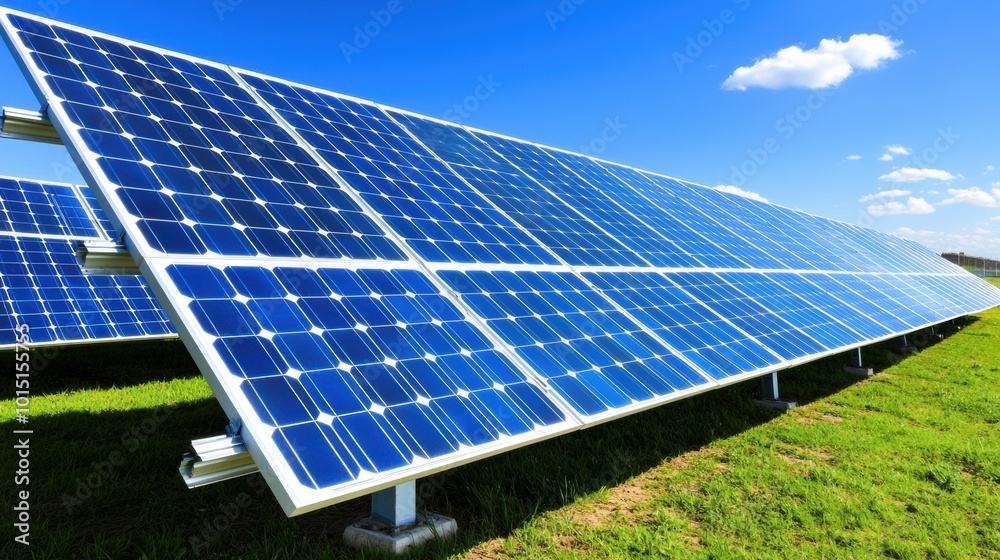 Solar Panels Under Clear Blue Sky on Green Field Solar Panels Under Clear Blue Sky on Green Field