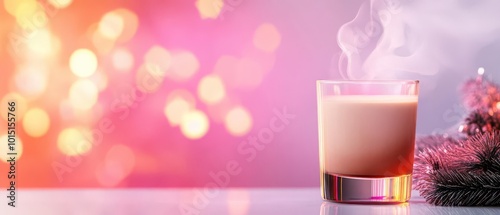 Eggnog in a neonglowing glass, with exaggerated steam and bold, colorful holiday patterns in the background photo