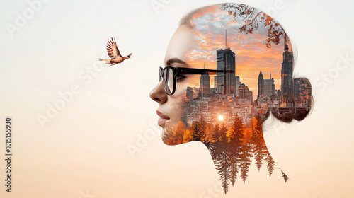 A stunning double exposure portrait combining a woman's profile with a vibrant urban skyline and serene nature elements, creating a captivating blend of beauty and tranquility.