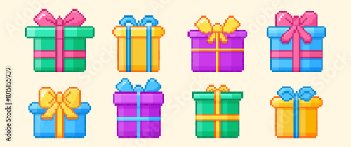 Pixel art happy birthday gift boxes set with lids and ribbon bows. Y2k trendy pixelated icons of color present packages with bowknots in 8bit retro style. Holiday packaging for bday party or surprises