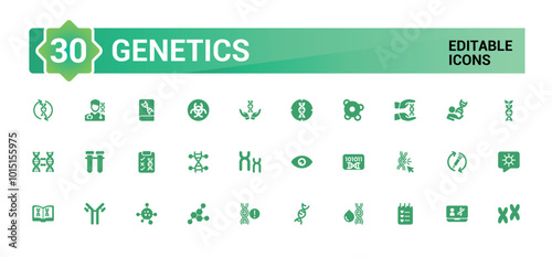 Genetics Filled icons set. genome, genetic, biology, chromosomes, heredity, GMO and more. Solid icon collection, Editable synbol for web and ui, Pixel perfect.