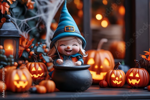 Gnome girl witch stirring a cauldron, surrounded by realistic Halloween decorations like glowing pumpkins and cobwebs photo