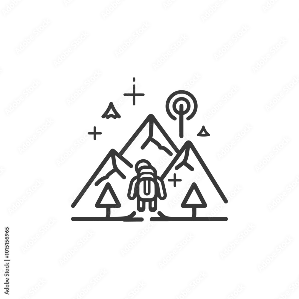 Line art illustration of a person standing between mountains with trees and a cross Line art illustration of a person standing between mountains with trees and a cross