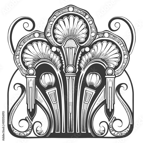 Intricate Black and White Ornamental Design with Three Pillars and Swirls