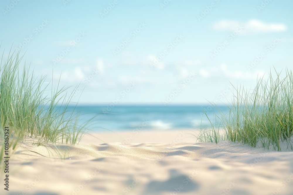 Tranquil beach with sandy foreground and glowing horizon with sunrays, plants on coastal dunes Tranquil beach with sandy foreground and glowing horizon with sunrays, plants on coastal dunes