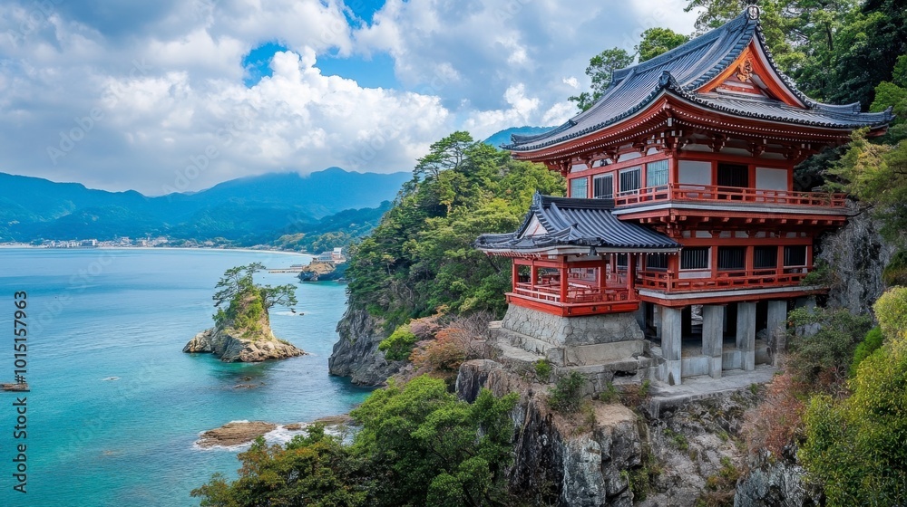 Obraz premium The stunning coastal cliffs of the Shikoku Pilgrimage, with ancient temples and breathtaking ocean views along the trail.