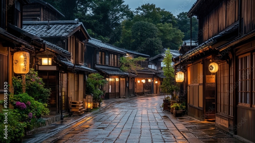 The traditional tea houses of Kanazawa Higashi Chaya district, with narrow cobbled streets and wooden facades. The traditional tea houses of Kanazawa Higashi Chaya district, with narrow cobbled streets and wooden facades.