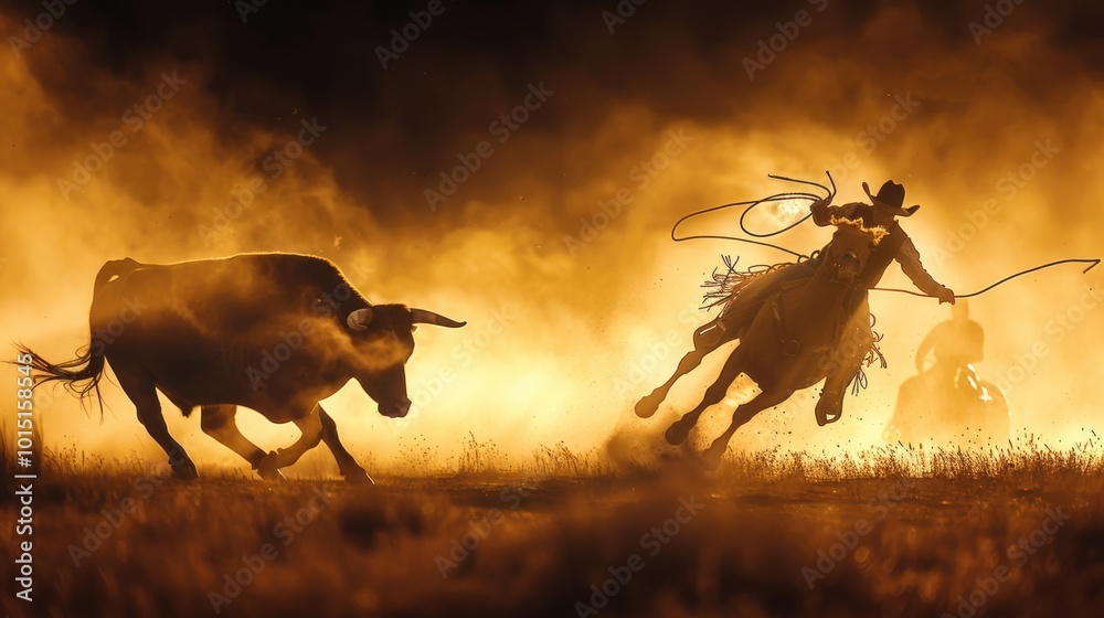 Silhouetted Cowboy on Horseback Lassoing a Bull in a Dusty Sunset Silhouetted Cowboy on Horseback Lassoing a Bull in a Dusty Sunset