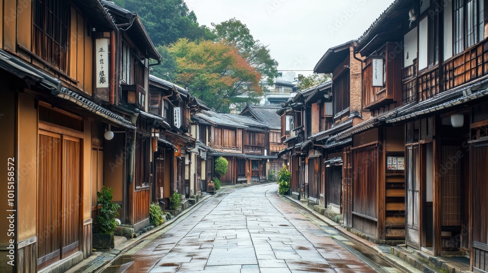 The traditional tea houses of Kanazawa Higashi Chaya district, with narrow cobbled streets and wooden facades. The traditional tea houses of Kanazawa Higashi Chaya district, with narrow cobbled streets and wooden facades.