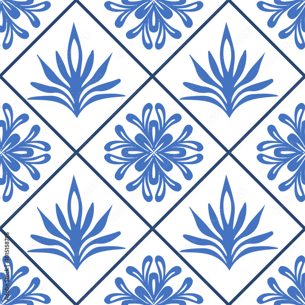 Blue floral and leaf pattern in diamond grid on white background. Seamless geometric tile design for wallpaper and textile Blue floral and leaf pattern in diamond grid on white background. Seamless geometric tile design for wallpaper and textile