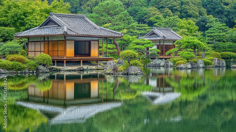 The tranquil reflections of the Ritsurin Garden in Takamatsu, with beautifully manicured trees and traditional teahouses. The tranquil reflections of the Ritsurin Garden in Takamatsu, with beautifully manicured trees and traditional teahouses.