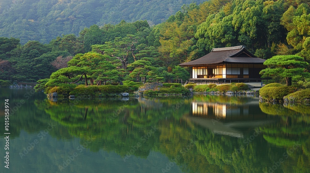 The tranquil reflections of the Ritsurin Garden in Takamatsu, with beautifully manicured trees and traditional teahouses. The tranquil reflections of the Ritsurin Garden in Takamatsu, with beautifully manicured trees and traditional teahouses.