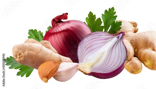 Collection of red and white onions with ginger and garlic on a white background.