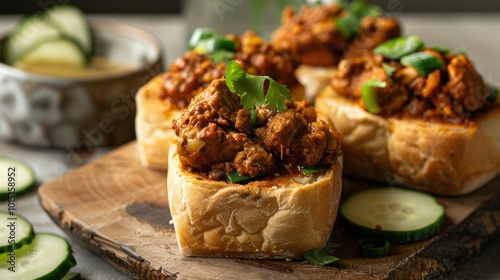 Close-up of Savory Meat Topped Toasted Bread Rolls with Cucumber Slices