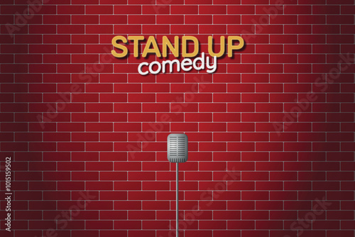 Stand up comedy neon sign and vintage microphone on a stage, with red brick wall on the background.