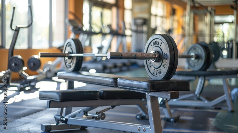 A Close-up of a Barbell on a Weight Bench in a Gym A Close-up of a Barbell on a Weight Bench in a Gym