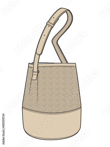 Canvas leather bucket bags technical line drawing vector mockup template