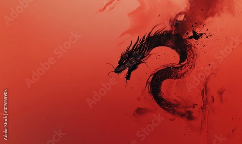 chinese new year red background with dragon in ink style, wth empty space for copy