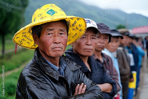 Group of rural villagers standing in line for food aid, with worn-out clothes and tired expressions, showing the reliance on external help in times of poverty photo