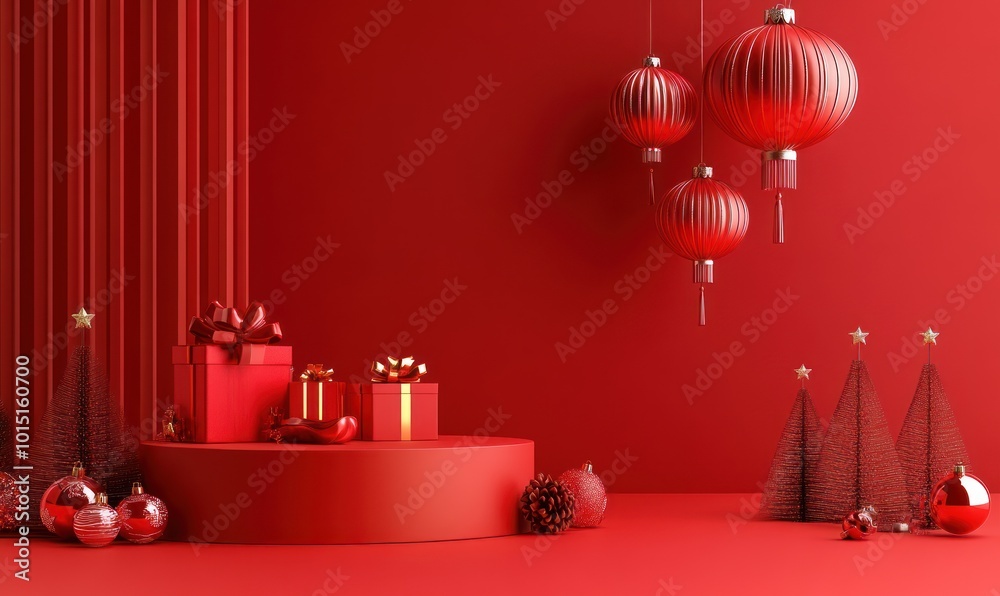 Minimal red background with a product pedestal, for Christmas, Valentines, and Chinese new year background card, copy space ready. Minimal red background with a product pedestal, for Christmas, Valentines, and Chinese new year background card, copy space ready.