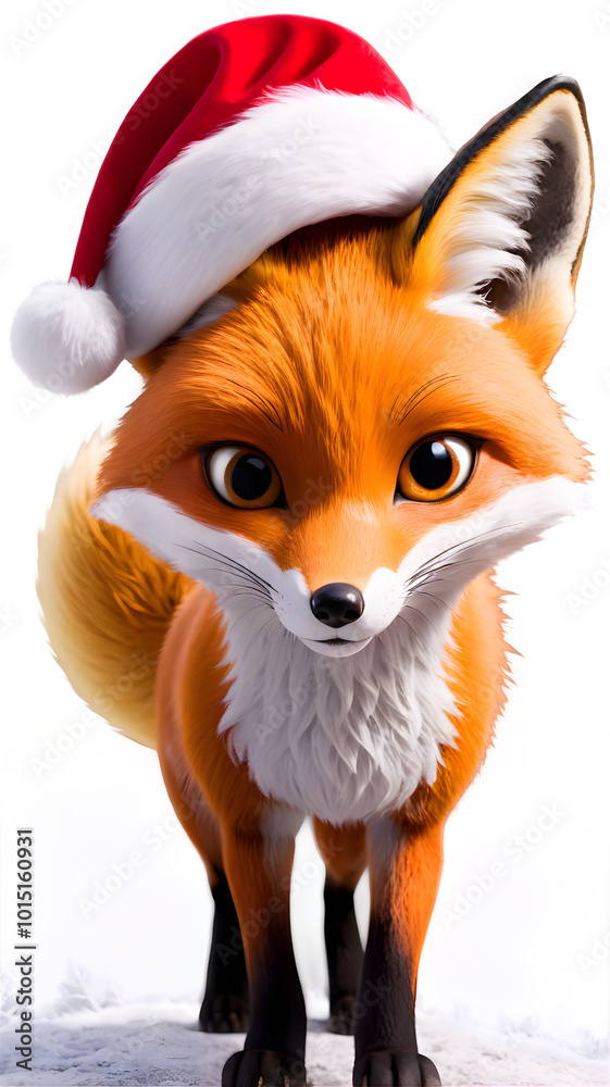 Obraz premium red fox in a red santa hat cap isolated