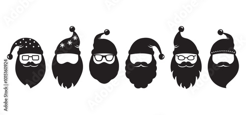Santa Claus face, cartoon Christmas icon, cute winter noel head, Santa hat, snowman set. Holiday father black silhouettes isolated on white background. Xmas vector illustration