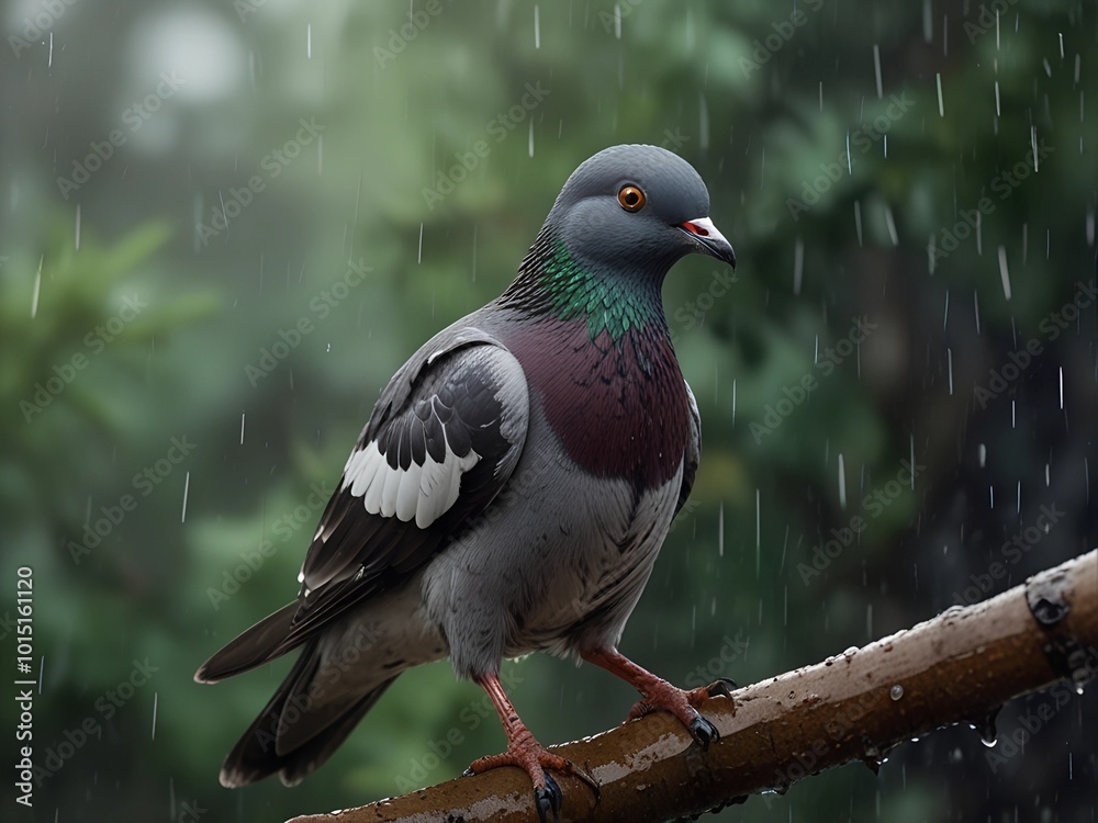 Fototapeta premium A dove sits on a branch caught in the rain AI generated