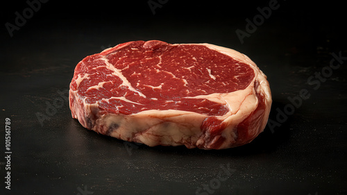 raw ribeye steak showcasing rich marbling and vibrant red color, perfect for grilling or roasting. This cut promises flavorful and juicy dining experience