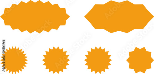 Starburst orange sticker set for halloween - collection of special offer sale oval and round shaped sunburst labels and badges. Promo stickers with star edges. Vector.