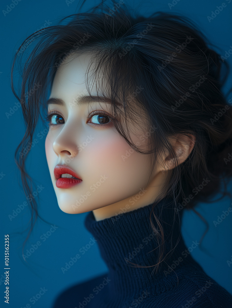 A young woman poses gracefully against a blue backdrop, showcasing her elegant hairstyle and striking features in a subtle yet captivating manner A young woman poses gracefully against a blue backdrop, showcasing her elegant hairstyle and striking features in a subtle yet captivating manner