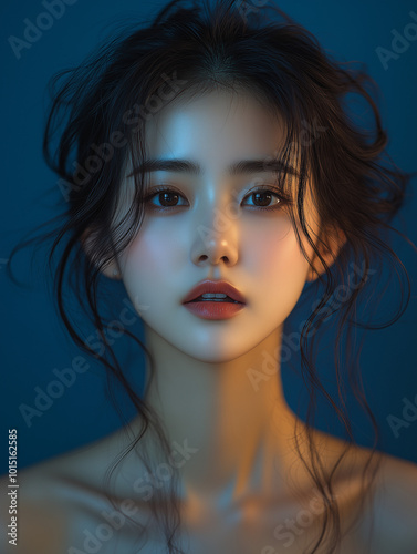 A close-up portrait of a young Korean woman with glowing skin against a blue background, showcasing her natural beauty and captivating expression