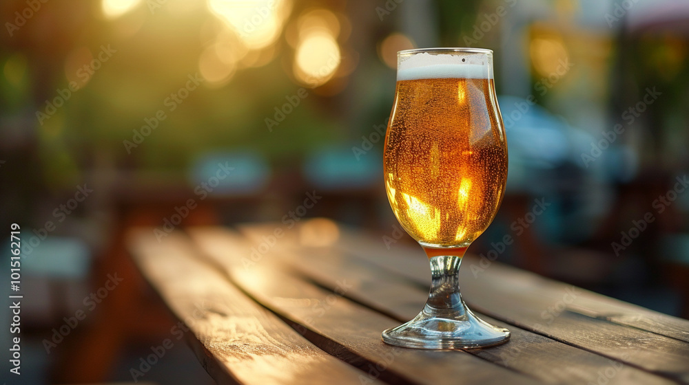 A glass of beer is sitting on a wooden table