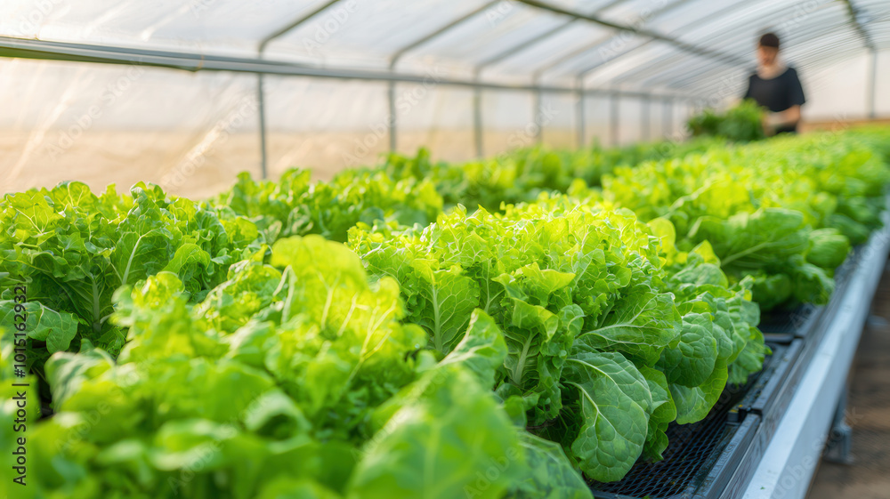 Fresh lettuce growing in greenhouse, illuminated by soft lighting, showcases vibrant green leaves. Workers tend to plants, creating serene and productive atmosphere Fresh lettuce growing in greenhouse, illuminated by soft lighting, showcases vibrant green leaves. Workers tend to plants, creating serene and productive atmosphere