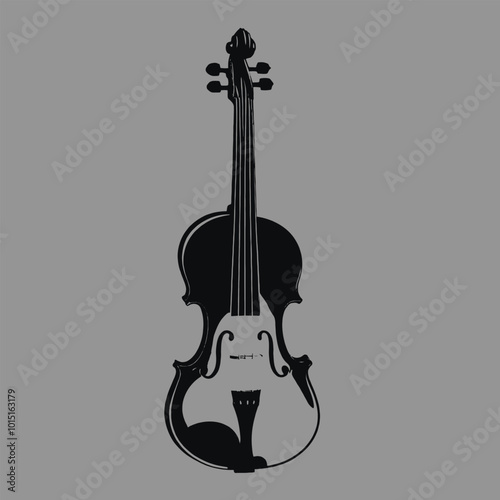 A black and white silhouette of a violin, isolated white background