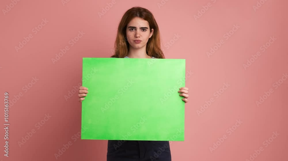 Young woman worried and upset holding a green panel Young woman worried and upset holding a green panel
