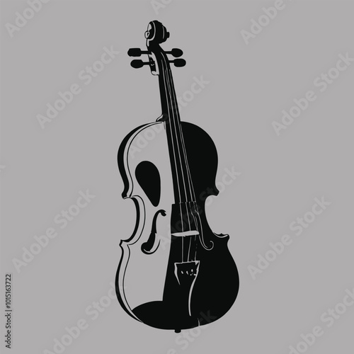 A black and white silhouette of a violin, isolated white background