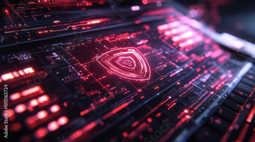 A glowing red shield icon on a futuristic digital interface.