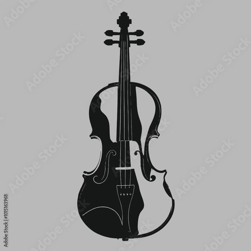 A black and white silhouette of a violin, isolated white background