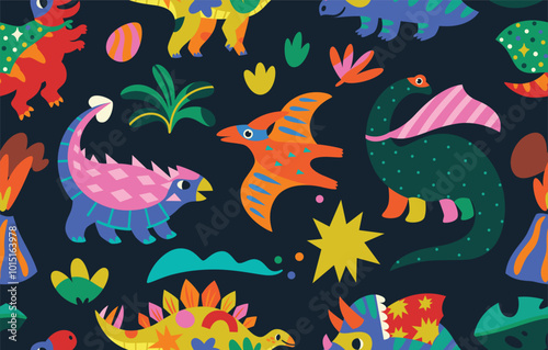 Seamless pattern with Super Hero Dinosaurs isolated on dark background