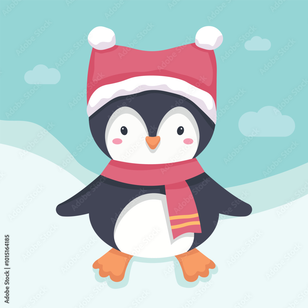 Vector illustration of a cute penguin. Flightless seabird. New Year's Day character, assistant. Banner, postcard. World Penguin Day. Arctic animal. Vector illustration of a cute penguin. Flightless seabird. New Year's Day character, assistant. Banner, postcard. World Penguin Day. Arctic animal.