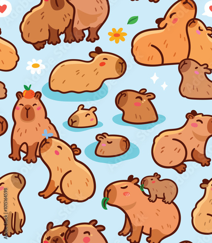 Seamless pattern. Capybara family characters isolated on blue background