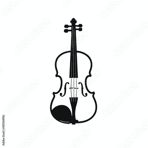 A black and white silhouette of a violin, isolated white background