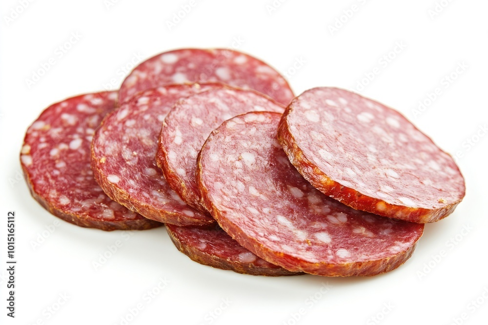 Gourmet Sliced Salami Sausage as Tasty Italian Delicacy on White Background Gourmet Sliced Salami Sausage as Tasty Italian Delicacy on White Background